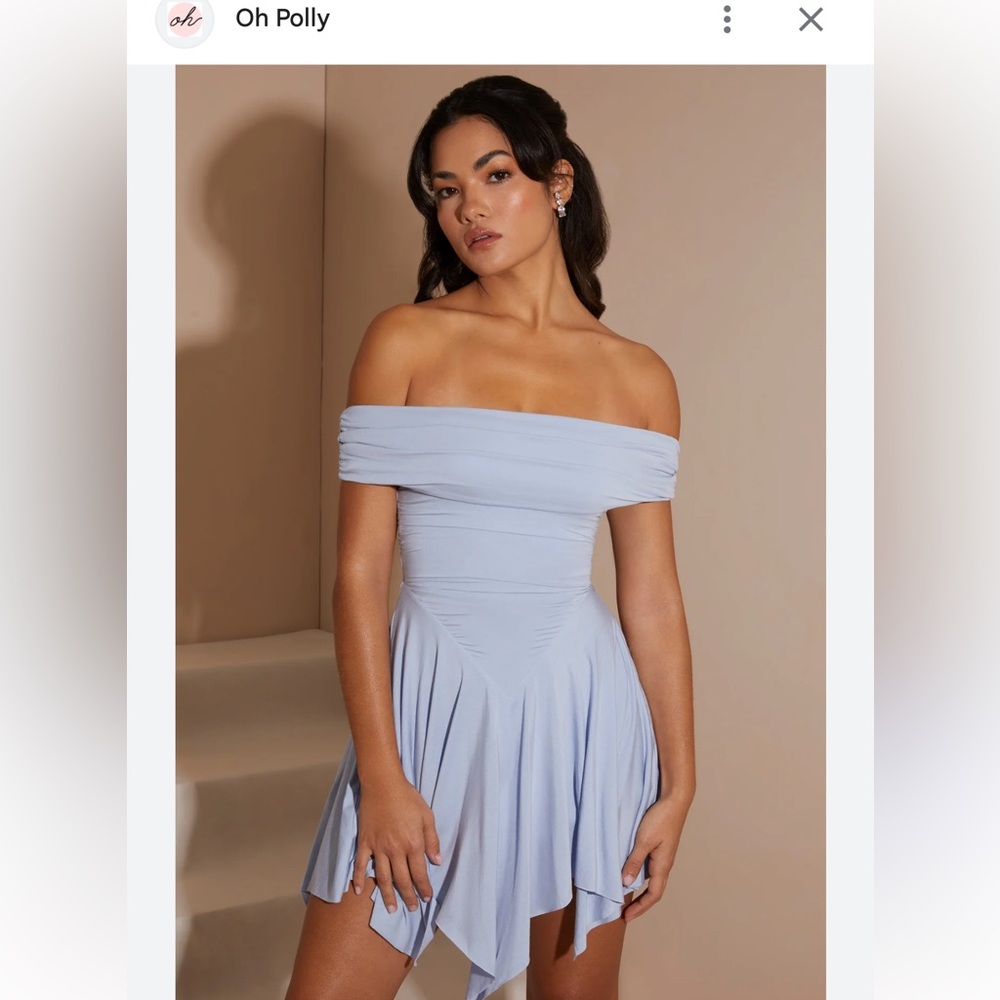 Oh Polly Handkerchief Hem Ruched Bardot Mini Dress